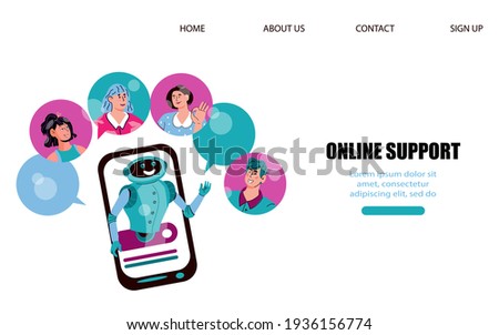 Website interface mockup on chatbot online support topic, flat vector illustration.  Robot virtual assistance and customers support of website or  mobile application.