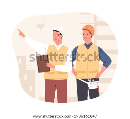 Inspector and foreman in hardhats at construction site. Supervisor or manager controlling building process. Colored flat vector illustration of workers in hard hats isolated on white background Royalty-Free Stock Photo #1936161847