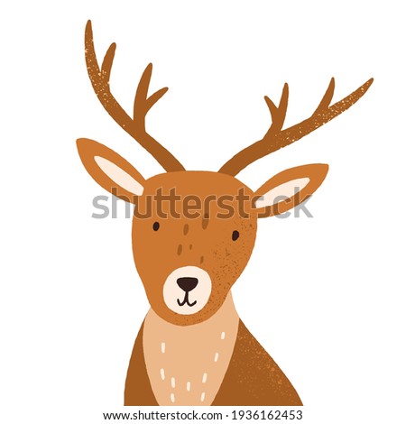 Head of funny young deer with horns. Portrait of adorable reindeer. Cute baby animal isolated on white background. Hand-drawn colored flat vector illustration of wild Scandinavian mammal Royalty-Free Stock Photo #1936162453