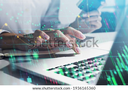 Businesswoman hands, finger on touchpad. Double exposure of stock market changes, green numbers and candlesticks, lines. Concept of online trading