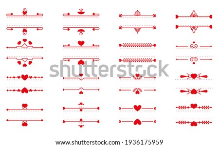 Set of red text frames thin line and heart element. Romantic elegant ornamental decor text frame contour great for design for book page text, card, menu on Valentines Day Isolated vector illustration