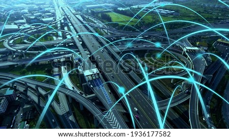 Smart digital city highway with globalization graphic of connection network abstract line . Concept of future 5G smart wireless digital city and social media networking systems .