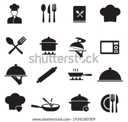 Cooking icon set. contain chef hat, oven, Hand holding food tray, Pot, Frying pan and Kitchen utensils. Cooking recipe book and more, Vector illustration Royalty-Free Stock Photo #1936180309