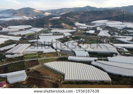 Numerous greenhouses at rural hillside area aerial view.