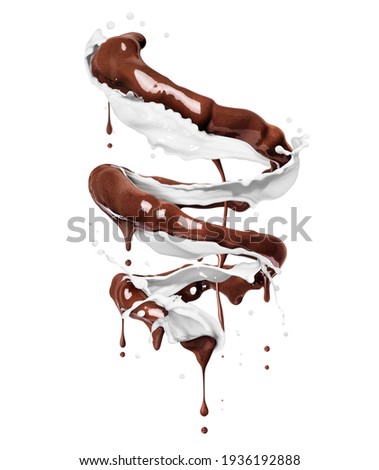 Chocolate and milk splashes in spiral shape with flowing drops on a white background