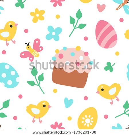 Easter spring pattern with cute chickens, butterflies, eggs, cupcake, flowers and leaves. Hand drawn flat cartoon elements. Vector seamless illustration on white background.