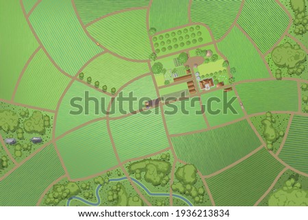 Vector illustration. Green farm in the landscape. (top view)   Royalty-Free Stock Photo #1936213834