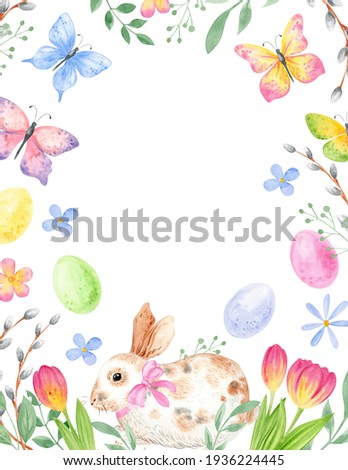 Watercolor Easter frame with bunny, flowers, eggs and butterflies