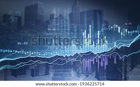 Stock market changes, blue and violet index bar chart. Double exposure with building skyscrapers, growing numbers. Concept of forex and trading