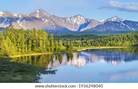 Wild forest lake in the Altai mountains on a summer morning, picturesque reflection Royalty-Free Stock Photo #1936248040