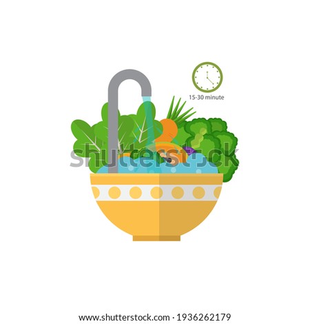 Clean vegetables for cooking. Wash vegetables in water in bowl. Vector illustration. Royalty-Free Stock Photo #1936262179