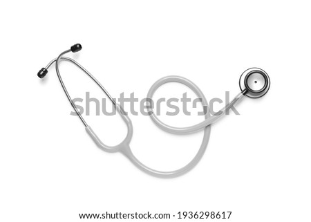 Modern stethoscope on white background, top view Royalty-Free Stock Photo #1936298617