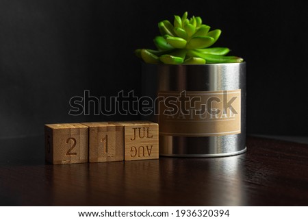 July 21. Image of the calendar July 21 wooden cubes and an artificial plant on a brown wooden table reflection and black background. with empty space for text