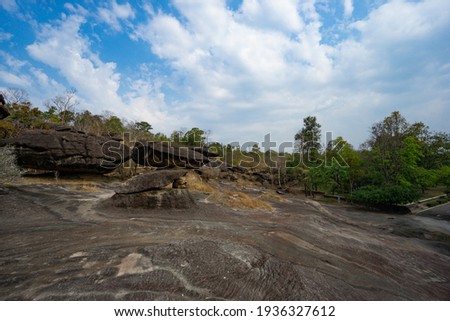 Phu Pha Thoep National Park a small protected area in Mukdahan Province east of Thailand near the border to Laos with cloudy blue sky background