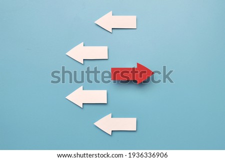 There are many white arrows pointing to the left and one red arrow pointing to the right. A symbol of an innovative, different way in life and business