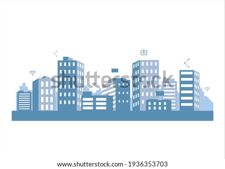 silhouette blue city building in flat illustration vector, urban cityscape design for background Royalty-Free Stock Photo #1936353703