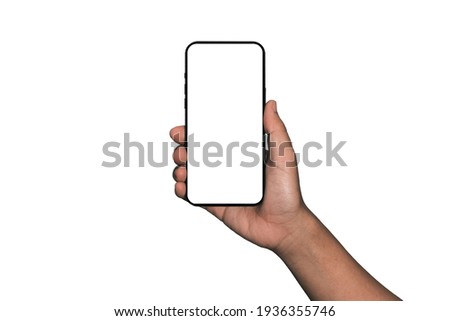 Hand holding Smartphone iPhone  and isolated on white background for your mobile phone app or web site design, logo Global Business technology - include clipping path. (Businessman hand iPhone) Royalty-Free Stock Photo #1936355746