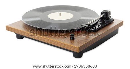 Modern turntable with vinyl record isolated on white Royalty-Free Stock Photo #1936358683