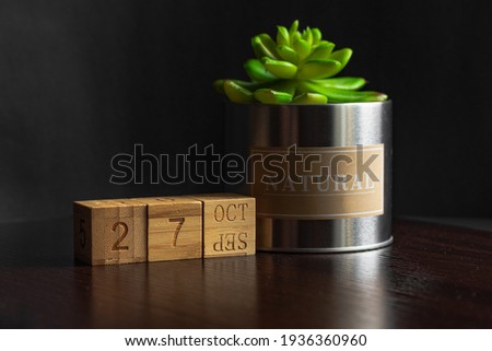 October 27. Image of the calendar October 27 wooden cubes and an artificial plant on a brown wooden table reflection and black background. with empty space for text