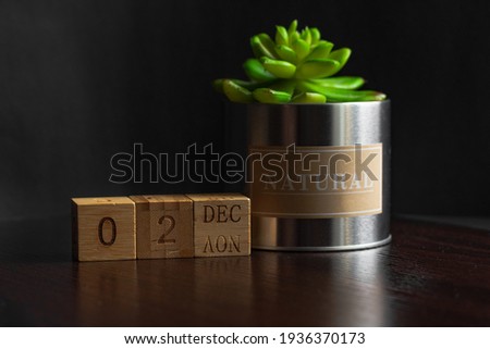 December 02. Image of the calendar December 02 wooden cubes and an artificial plant on a brown wooden table reflection and black background. with empty space for text