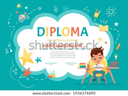 Certificate kids diploma for kindergarten or Elementary Preschool with a cute boy sitting at the table and making the homework on background with hand-drawn elements. Vector cartoon flat illustration Royalty-Free Stock Photo #1936376890