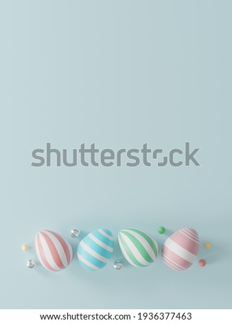 easter eggs on blue background. greeting card, poster, banner template. top view. flat lay. 3D illustration 