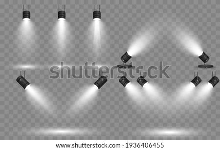Vector set of light. Light source, studio lighting, walls, png. Spotlight lighting, spotlight PNG. Light beams, light effect. Royalty-Free Stock Photo #1936406455