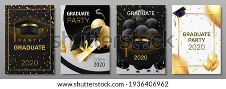 Graduation cards. Invitation and congratulation banners. Greeting postcards with black caps and degree diplomas, realistic balloons or confetti. Vector flyers set for graduate ceremony Royalty-Free Stock Photo #1936406962