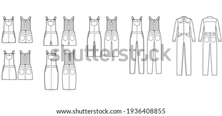 Set of Dungarees Denim overall jumpsuit dress technical fashion illustration with full knee mini length, normal waist, high rise, pockets, Rivets. Flat front, back white color. Women, men CAD mockup Royalty-Free Stock Photo #1936408855