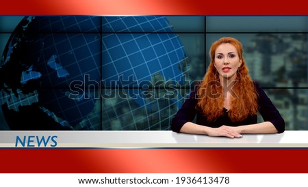 Attractive anchor woman in broadcasting studio telling the news