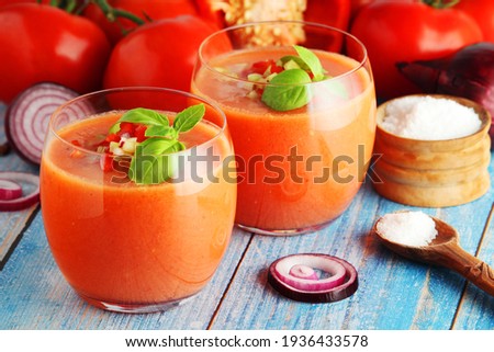 Cold Spanish soup Gazpacho served in glasses Royalty-Free Stock Photo #1936433578