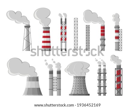 Industry factory vector industrial chimney pollution with smoke. Fossil fuel, coal burning process. Toxic fumes, heavy chemicals emission. Air pollution, global warming symbol Royalty-Free Stock Photo #1936452169