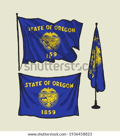 Flag of Oregon on the wind and on the wall hand drawn illustration set.