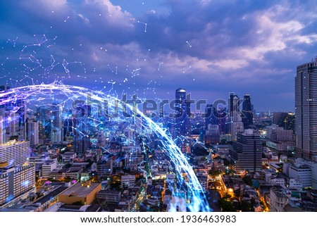 Abstract technology icons, night aerial panoramic cityscape of Bangkok, Asia. The concept of innovative approach to optimize international business process. Double exposure.