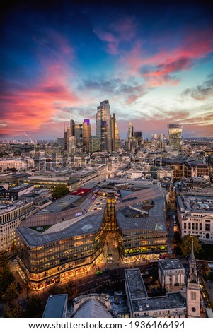 The skyscrapers and skyline of the City of London just after sunset, United Kingdom