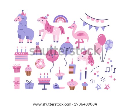 Birthday elements illustration set. Celebration clip art. Lama, unicorn, pony and flamingo characters isolated on white background. 