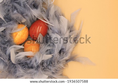 Easter backdrop. Yellow and orange Easter eggs in the nest of grey feathers.  light orange, pastel color, earth tone background. minimalist concept, top view, copy space