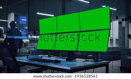 Industry 4.0 Modern Factory: Security Control Room with Multipoke Computer with 6 Screens Showing Green Screen Teplates, Great for Mock-up. High-Tech Security