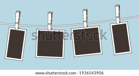 Photos on clothesline. Hand drawn vector illustration. Flat colors. Royalty-Free Stock Photo #1936543906