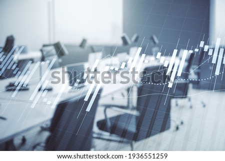 Multi exposure of virtual creative financial chart hologram on modern corporate office background, research and analytics concept