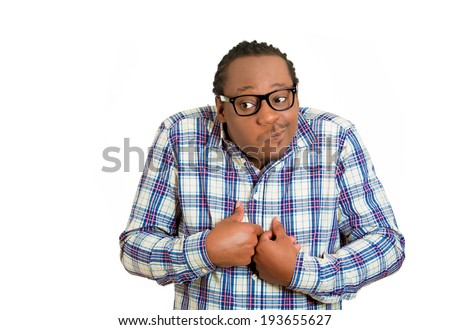 Closeup portrait one young quiet, nerdy geek, funny looking man with glasses, very nervous timid, shy, coy, anxious, isolated white background. Negative human emotions, facial expressions, reaction