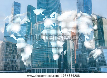 global communication, international business company concept, double exposure with skyscrapers, people, world map Royalty-Free Stock Photo #1936564288