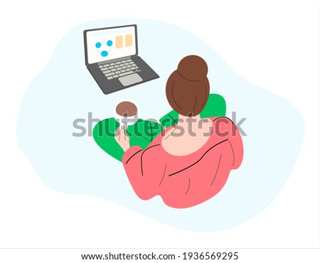 Freelancer girl working remotely while sitting on the floor. The modern woman is studying remotely. Woman  or surfing the internet at home with a mug of coffee. Top view flat vector illustration.