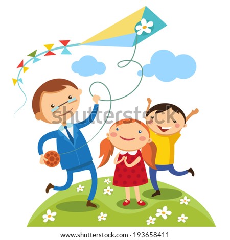 Dad with their children outdoors kites. Illustration for father's day
