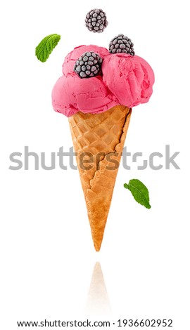 Ice cream cone with mint and blackberries isolated on white background. Royalty-Free Stock Photo #1936602952