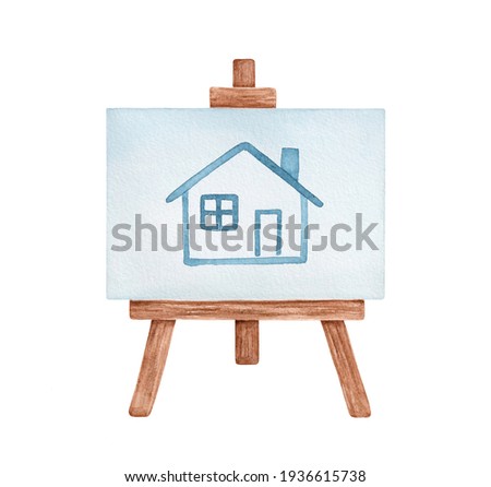 Water color illustration of horizontal paper sheet with childish sketch of cute little house. One single object. Hand painted watercolour graphic drawing on white, cut out clipart element for design.