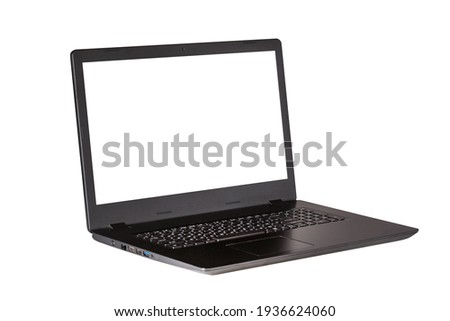 Modern black laptop with blank white screen isolated on white background