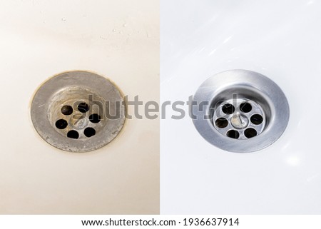 dirty and clean domestic bath drain sink. before and after cleaning sink bowl. Royalty-Free Stock Photo #1936637914
