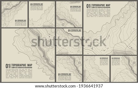 Geographic mountain topography vector illustration. Map on land vector terrain. Elevation graphic contour height lines. Royalty-Free Stock Photo #1936641937