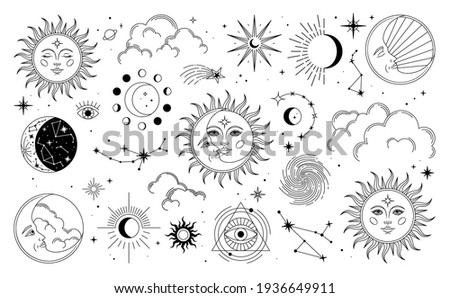 Set of sun, moon, stars, clouds, constellations and esoteric symbols. Alchemy mystical magic elements for prints, posters, illustrations and patterns. Black spiritual occultism objects. Royalty-Free Stock Photo #1936649911